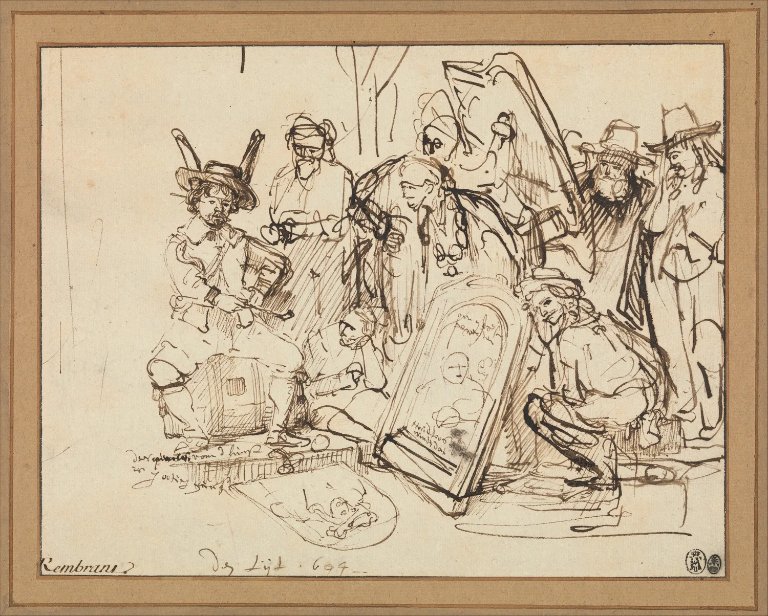 Rembrandt's pen and ink drawing Satire on Art Criticism: a critic seated on a barrel judges a painting while onlookers watch. Rembrandt's signature is at lower left and small collectors' stamps at lower right.